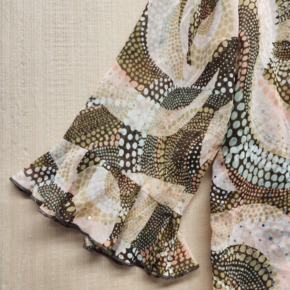 Sarah B Woman Blouse 2X Brown Beige Metallic Shimmer Ruffle Sleeve Button Front - Picture 11 of 11